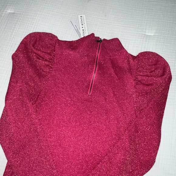 NWT Alice + Olivia Issa Turtleneck Puff Sleeve Dress Wild Pink Metallic - Picture 5 of 9